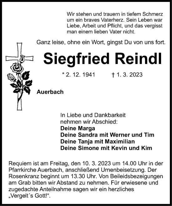 Traueranzeige von Siegfried Reindl von Nordbayerische Nachrichten Pegnitz Lokal