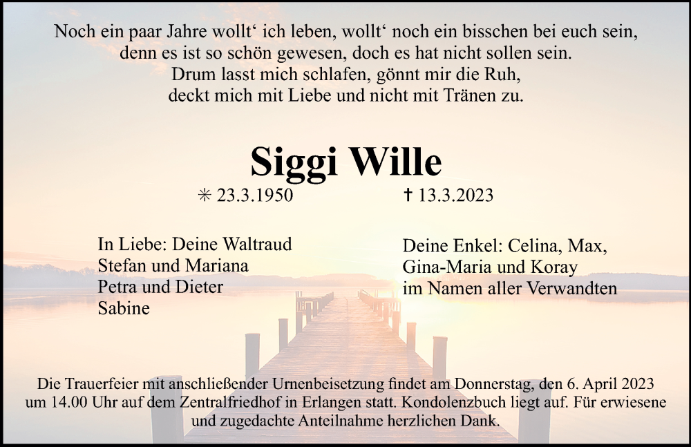  Traueranzeige für Siggi Wille vom 31.03.2023 aus Erlanger Nachrichten Lokal