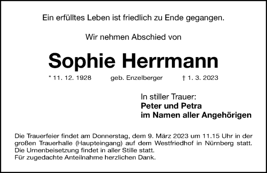 Traueranzeige von Sophie Herrmann von Gesamtausgabe Nürnberger Nachrichten/ Nürnberger Ztg.