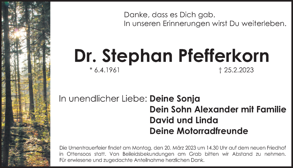  Traueranzeige für Stephan Pfefferkorn vom 11.03.2023 aus Gesamtausgabe Nürnberger Nachrichten/ Nürnberger Ztg.