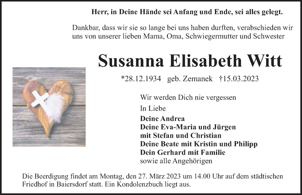  Traueranzeige für Susanna Elisabeth Witt vom 18.03.2023 aus Erlanger Nachrichten Lokal