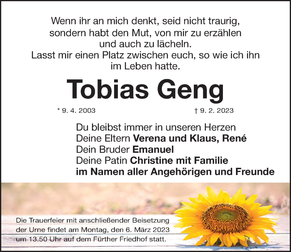  Traueranzeige für Tobias Geng vom 04.03.2023 aus Fürther Nachrichten Lokal