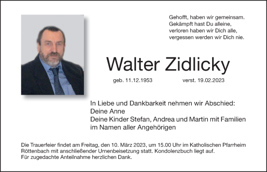Traueranzeige von Walter Zidlicky von Nordbayerische Nachrichten Herzogenaurach Lokal