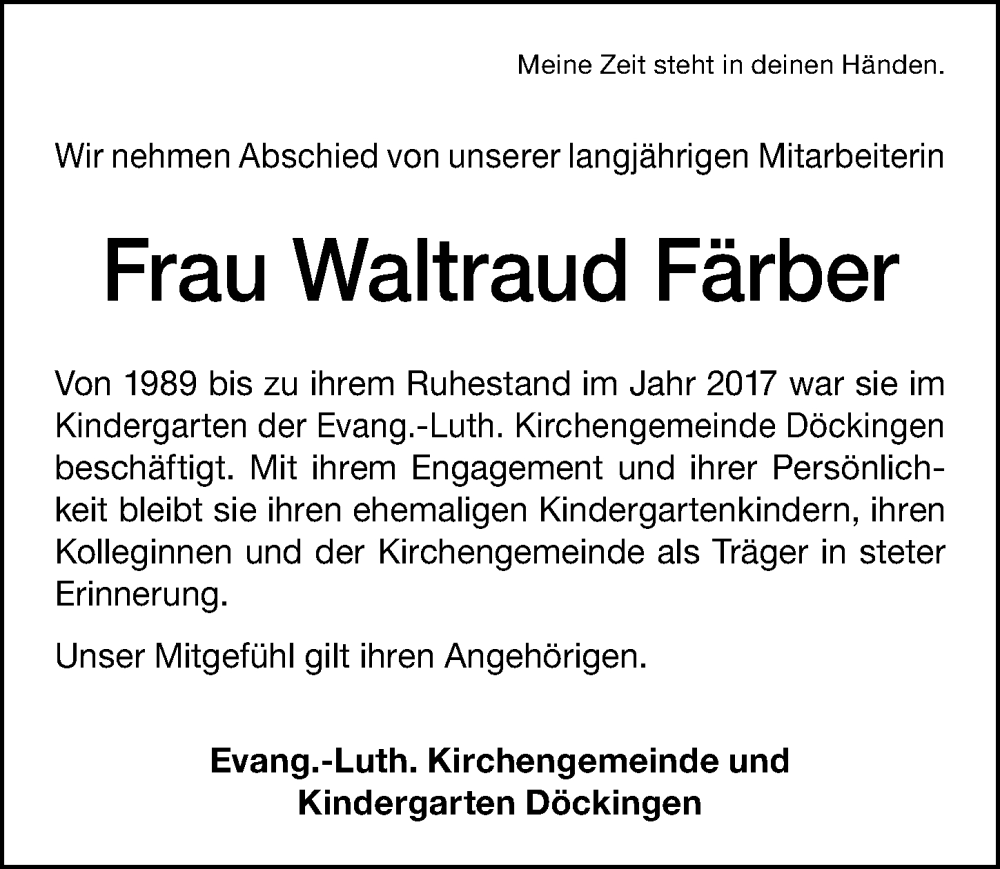  Traueranzeige für Waltraud Färber vom 08.03.2023 aus Altmühl-Bote Lokal
