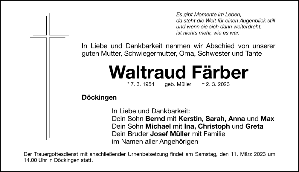  Traueranzeige für Waltraud Färber vom 08.03.2023 aus Altmühl-Bote Lokal