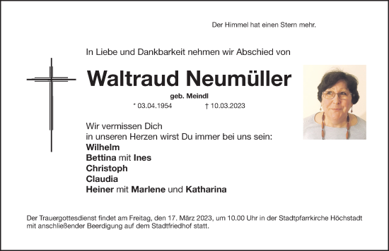 Traueranzeige von Waltraud Neumüller von Nordbayerische Nachrichten Herzogenaurach Lokal