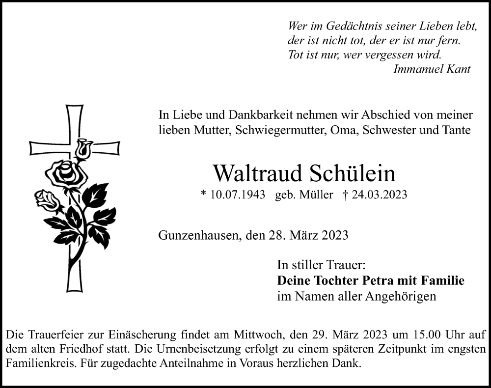  Traueranzeige für Waltraud Schülein vom 28.03.2023 aus Altmühl-Bote Lokal