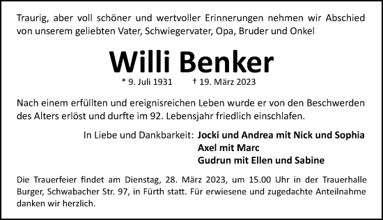 Traueranzeige von Willi Benker von Gesamtausgabe Nürnberger Nachrichten/ Nürnberger Ztg./ Fürther Nachrichten