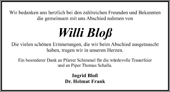 Traueranzeige von Willi Bloß von Gesamtausgabe Nürnberger Nachrichten/ Nürnberger Ztg.