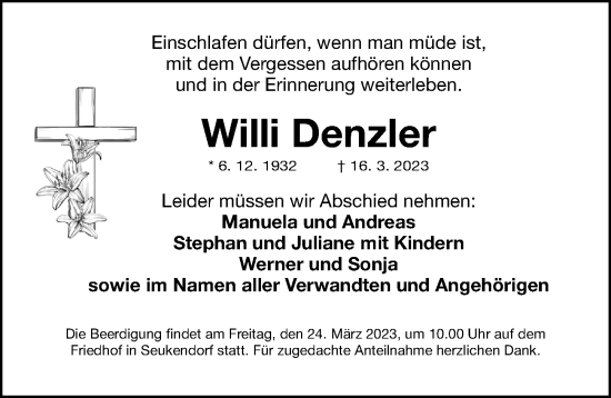 Traueranzeige von Willi Denzler von Gesamtausgabe Nürnberger Nachrichten/ Nürnberger Ztg.