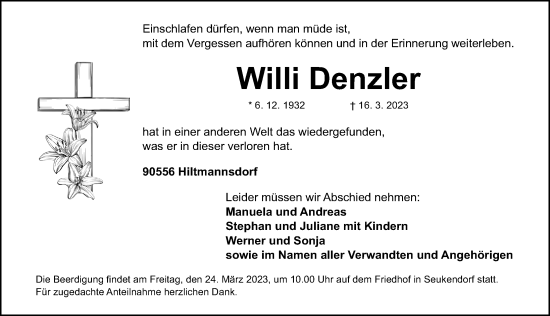 Traueranzeige von Willi Denzler von Fürther Nachrichten Lokal