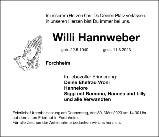 Traueranzeige von Willi Hannweber von Nordbayerische Nachrichten Forchheim Lokal