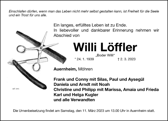 Traueranzeige von Willi Löffler von Altmühl-Bote Lokal/ Weißenburger Tagblatt
