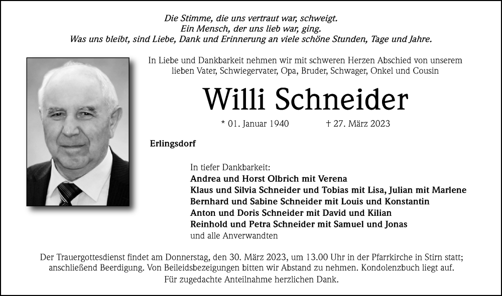  Traueranzeige für Willi Schneider vom 29.03.2023 aus Roth-Hilpoltsteiner Volkszeitung Lokal