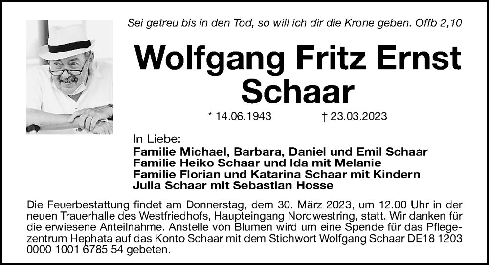  Traueranzeige für Wolfgang Schaar vom 27.03.2023 aus Gesamtausgabe Nürnberger Nachrichten/ Nürnberger Ztg.