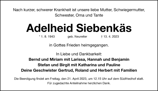 Traueranzeige von Adelheid Siebenkäs von Gesamtausgabe Nürnberger Nachrichten/ Nürnberger Ztg.