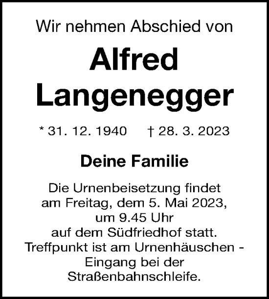 Traueranzeige von Alfred Langenegger von Gesamtausgabe Nürnberger Nachrichten/ Nürnberger Ztg.