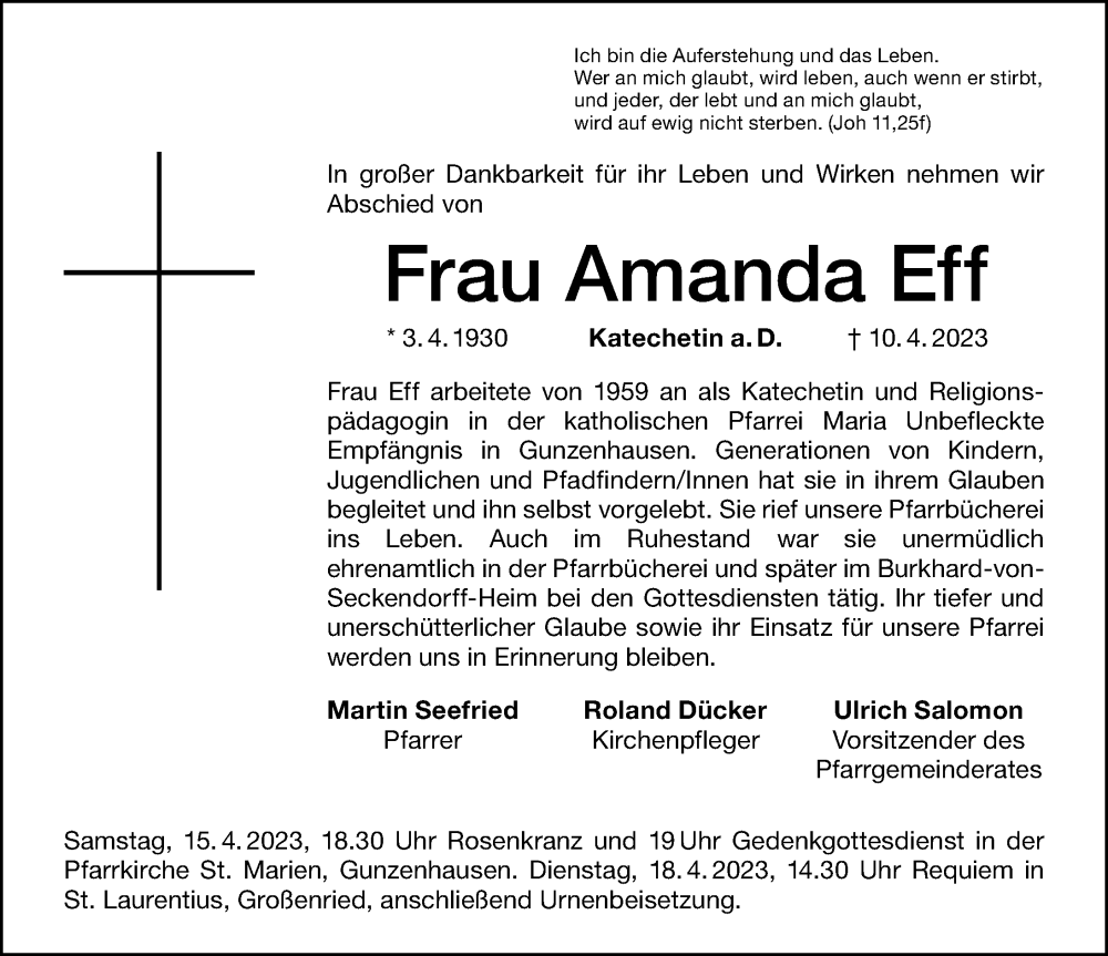  Traueranzeige für Amanda Eff vom 14.04.2023 aus Altmühl-Bote Lokal
