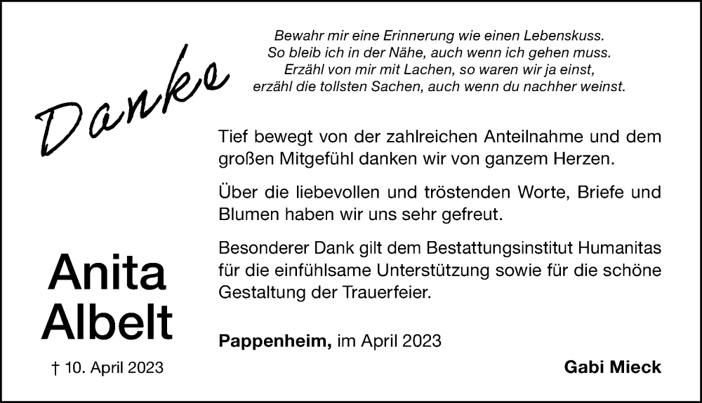  Traueranzeige für Anita Albelt vom 28.04.2023 aus Weißenburger Tagblatt u.Treuchtlinger Kurier Lokal