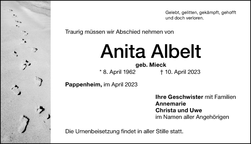  Traueranzeige für Anita Albelt vom 14.04.2023 aus Weißenburger Tagblatt u.Treuchtlinger Kurier Lokal