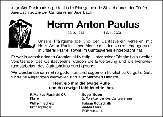 Traueranzeige von Anton Paulus von Nordbayerische Nachrichten Pegnitz Lokal