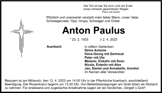 Traueranzeige von Anton Paulus von Nordbayerische Nachrichten Pegnitz Lokal