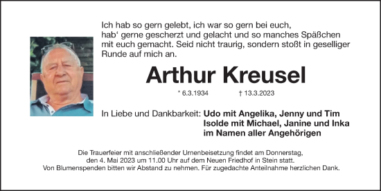 Traueranzeige von Arthur Kreusel von Fürther Nachrichten Lokal