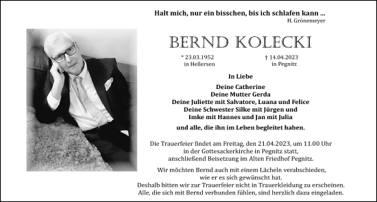 Traueranzeige von Bernd Kolecki von Nordbayerische Nachrichten Pegnitz Lokal