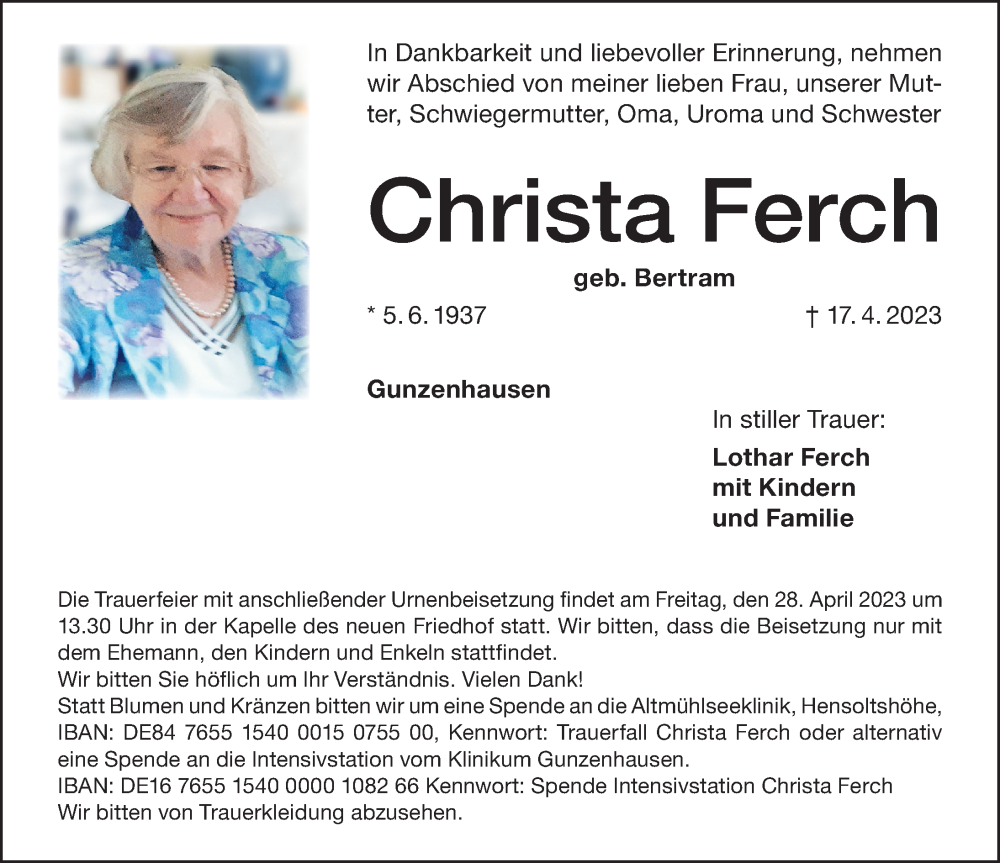  Traueranzeige für Christa Ferch vom 27.04.2023 aus Altmühl-Bote Lokal