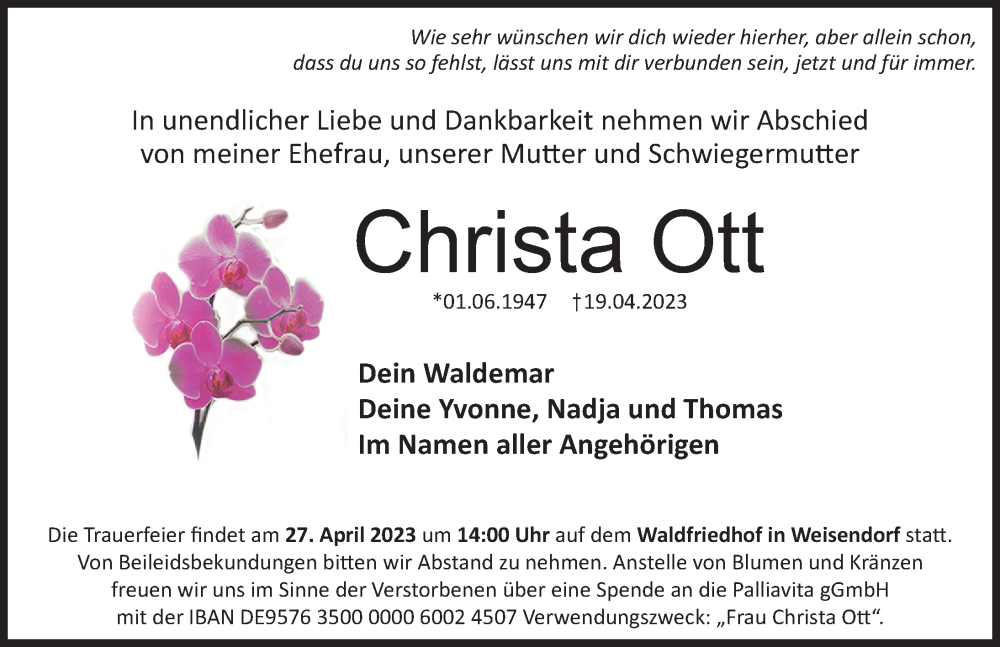  Traueranzeige für Christa Ott vom 22.04.2023 aus Erlanger Nachrichten Lokal
