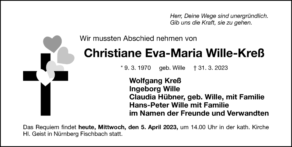  Traueranzeige für Christiane Wille-Kreß vom 05.04.2023 aus Gesamtausgabe Nürnberger Nachrichten/ Nürnberger Ztg.