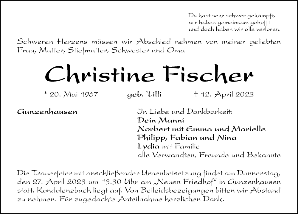  Traueranzeige für Christine Fischer vom 22.04.2023 aus Altmühl-Bote Lokal