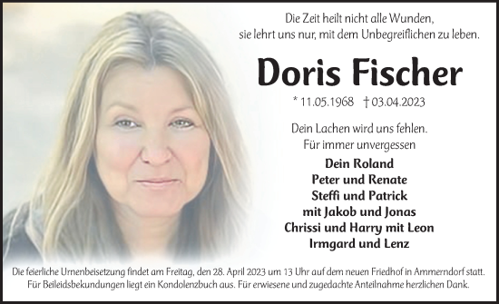 Traueranzeige von Doris Fischer von Gesamtausgabe Nürnberger Nachrichten/ Nürnberger Ztg.