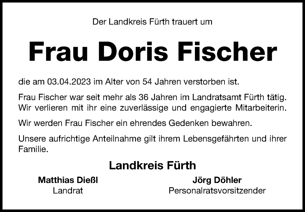  Traueranzeige für Doris Fischer vom 24.04.2023 aus Fürther Nachrichten Lokal