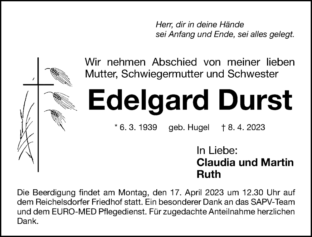  Traueranzeige für Edelgard Durst vom 15.04.2023 aus Gesamtausgabe Nürnberger Nachrichten/ Nürnberger Ztg.