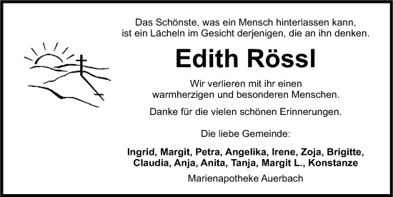 Traueranzeige von Edith Rössl von Nordbayerische Nachrichten Pegnitz Lokal