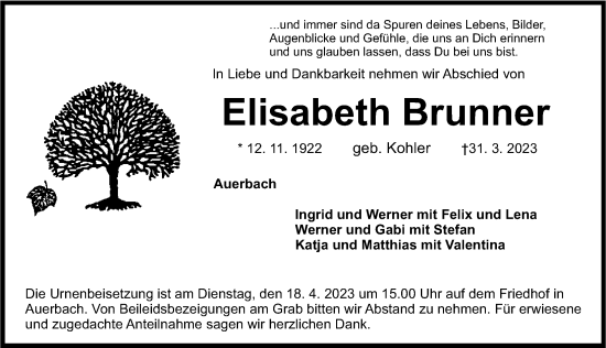 Traueranzeige von Elisabeth Brunner von Nordbayerische Nachrichten Pegnitz Lokal