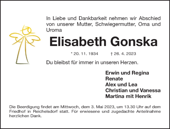 Traueranzeige von Elisabeth Gonska von Gesamtausgabe Nürnberger Nachrichten/ Nürnberger Ztg.