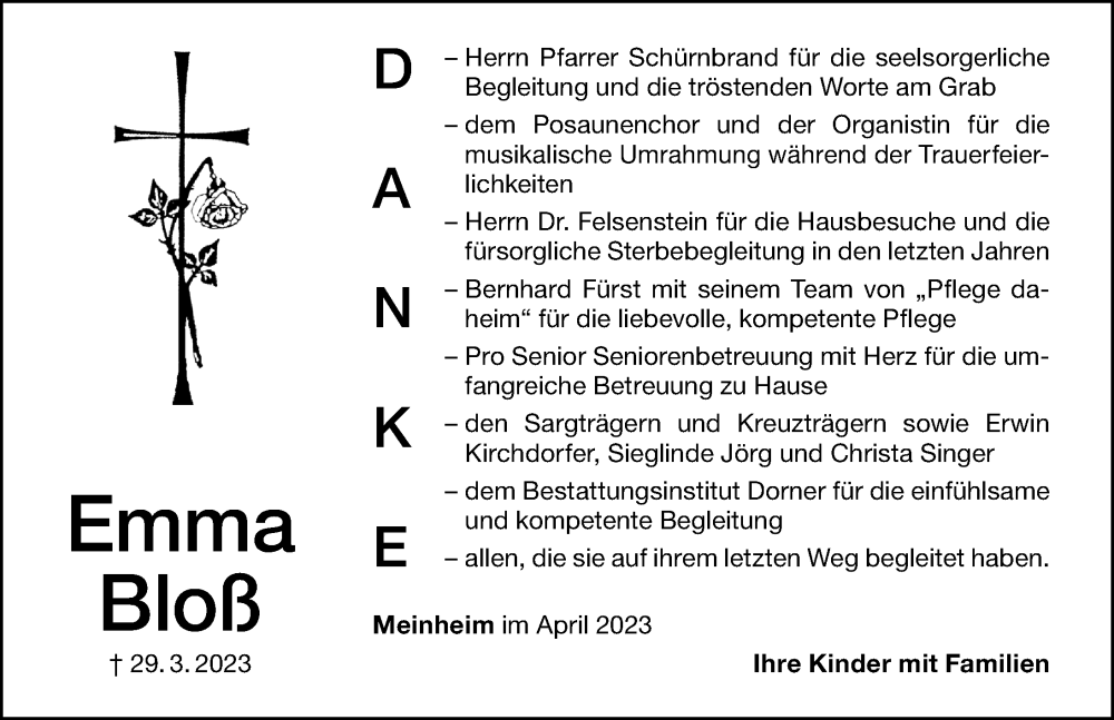  Traueranzeige für Emma Bloß vom 15.04.2023 aus Altmühl-Bote Lokal