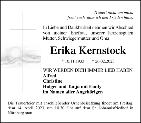 Traueranzeige von Erika Kernstock von Gesamtausgabe Nürnberger Nachrichten/ Nürnberger Ztg.