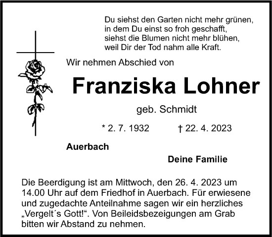 Traueranzeige von Franziska Lohner von Nordbayerische Nachrichten Pegnitz Lokal