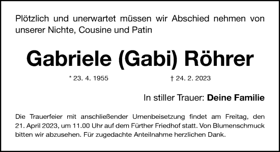 Traueranzeige von Gabriele Röhrer von Gesamtausgabe Nürnberger Nachrichten/ Nürnberger Ztg.