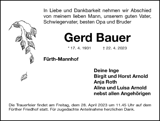 Traueranzeige von Gerd Bauer von Fürther Nachrichten Lokal