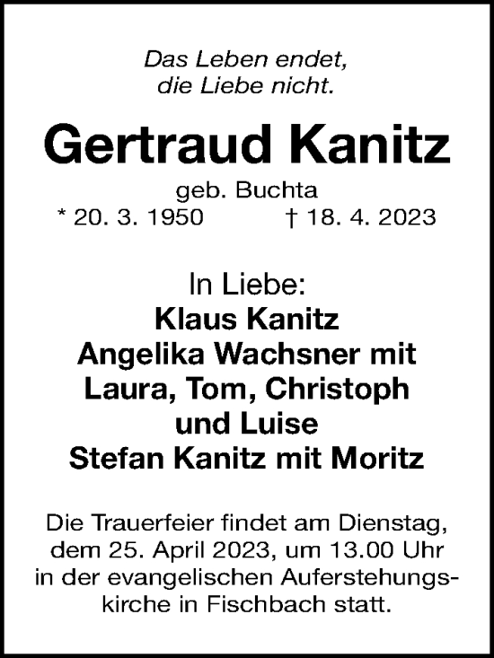 Traueranzeige von Gertraud Kanitz von Gesamtausgabe Nürnberger Nachrichten/ Nürnberger Ztg.
