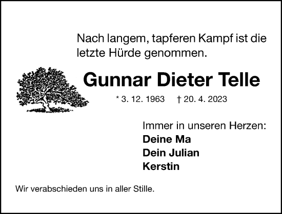 Traueranzeige von Gunnar Dieter Telle von Gesamtausgabe Nürnberger Nachrichten/ Nürnberger Ztg.