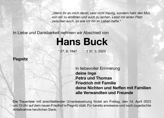 Traueranzeige von Hans Buck von Nordbayerische Nachrichten Pegnitz Lokal