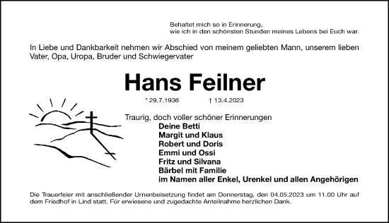 Traueranzeige von Hans Feilner von Fürther Nachrichten Lokal