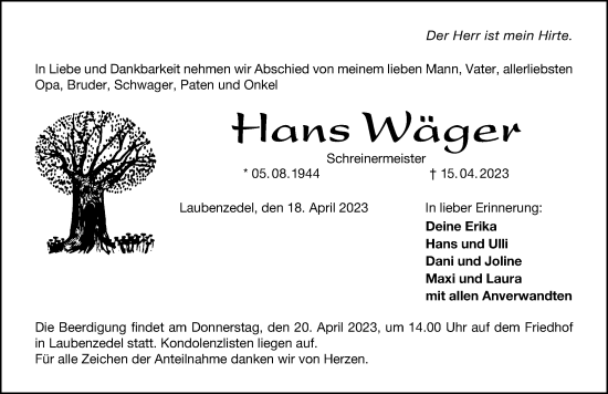 Traueranzeige von Hans Wäger von Altmühl-Bote Lokal