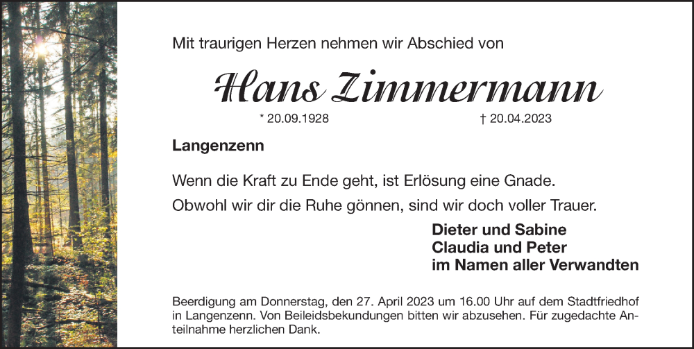  Traueranzeige für Hans Zimmermann vom 25.04.2023 aus Fürther Nachrichten Lokal