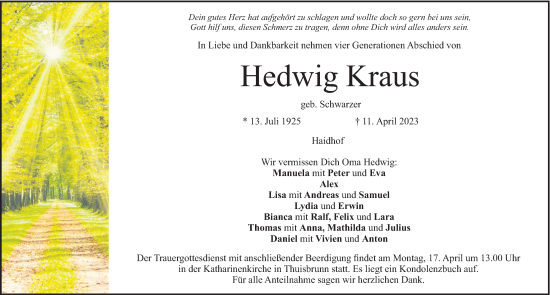 Traueranzeige von Hedwig Kraus von Nordbayerische Nachrichten Forchheim Lokal